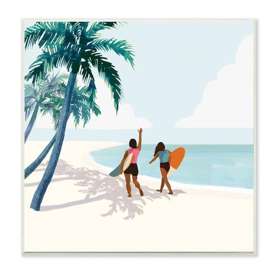 Stupell Industries Women with Surfboards under Coastal Palm Trees,12" x 12"